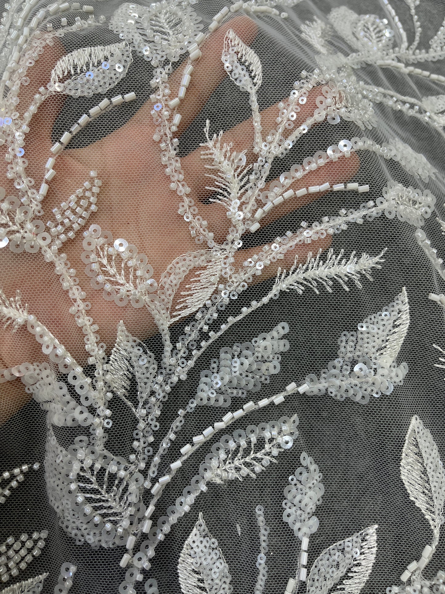 Leaf beaded bridal lace fabric