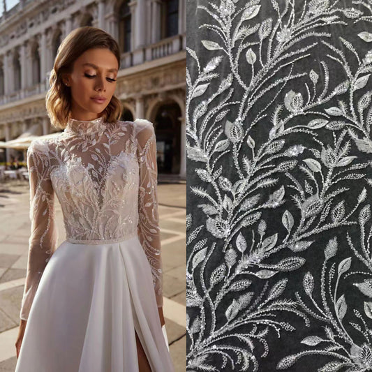 Leaf beaded bridal lace fabric